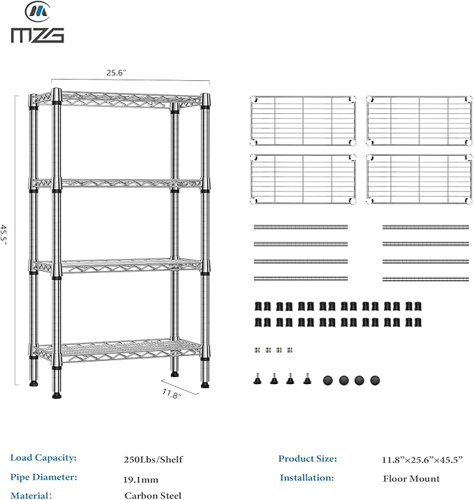 1000 lbs 4 Tier Shelf Metal Storage Shelves Wire Rack Closet Organizers for Garage Kitchen Bathroom Laundry Chrome 11.8" D x 25.6" W x 45.5" H-Ruum Studio Home
