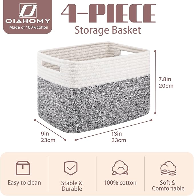 OIAHOMY 4 Pack Storage Baskets for Organizing, Basket for Shelves with Handle, Woven Baskets for Storage Toys, Towels, Books, Cotton Rope Basket 13" L x 9 " W x 7.8 " H, Grey & White-Ruum Studio Home