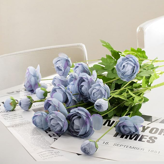 Artificial Silk Flowers Ranunculus Fake Flower 5 Pcs,Suitable for core Decoration,Wedding Floral Creation,Flower Arrangement DIY Project,Interior Decor（Blue）-Ruum Studio Home