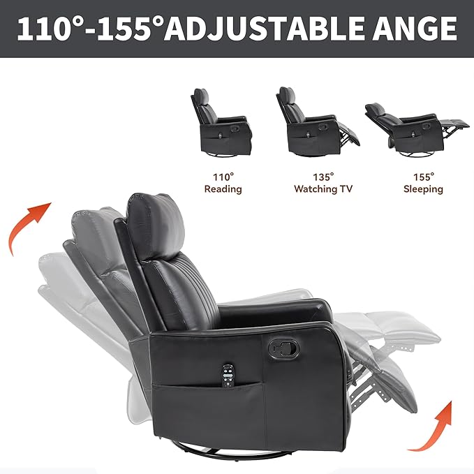 Manual Swivel Rocker Recliner Chair for Adults, Overstuffed Reclining Glider Chair for Nursing with Vibration Massage & Heat, Living Room Rocking Recliner 2-Stage backrest, Faux Leather Black-Ruum Studio Home