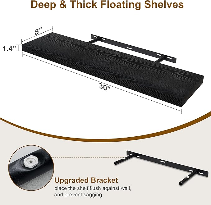 30 Inch Floating Shelves, Rustic Floating Wall Shelves 8 Inch Deep, 30 x 8 Floating Shelves for Home Decor, Deep Display & Storage Shelves for Kitchen, Bathroom, Living Room, Black Color, Set of 2-Ruum Studio Home