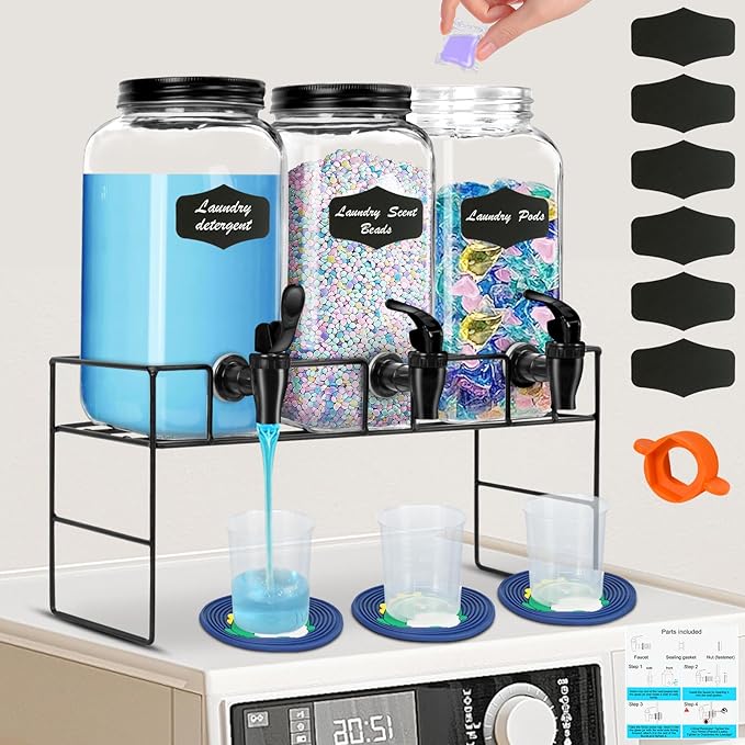 3-Pack 2.2L Glass Laundry Detergent Dispenser Set with Stand - Premium Liquid Soap Dispenser with PP Spigots, Measuring Cups, and Chalkboard Labels for Laundry Room Organization and Storage-Ruum Studio Home