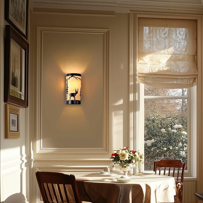 Wall Sconces Set of Two,Deer Metal Yellow Parchment Rustic Wall Sconces,Farmhouse Matte Black Wall Mount Lamp,Vintage Bedroom Wall Lights,Indoor Wall Lamps for Living Room,Hallway,Porch-Ruum Studio Home