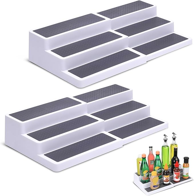 3-Tier Expandable Spice Rack, Plastic Spice Rack Organizer for Cabinet, Adjustable Length, Non-Skid Spice Shelf Organizer for Kitchen Cabinet, Countertop or Pantry, 2 Pack, White/Grey-Ruum Studio Home