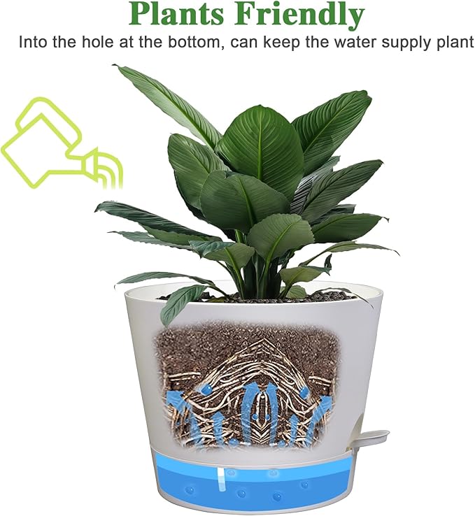 Self Watering Pots for Indoor Plants,12 inch Planters with Drainage Holes Plastic Flower Pots with Deep Reservoir, White-Ruum Studio Home