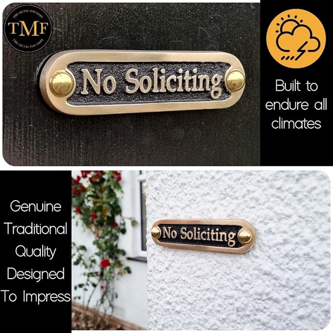 No Soliciting Brass Door Sign. Traditional Style Home Décor Wall Plaque Handmade By The Metal Foundry UK.-Ruum Studio Home