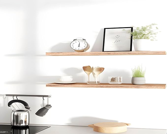 Wood Floating Shelves for Wall Decor, Rustic Wall Shelves for Bedroom Bathroom Kitchen Living Room, Set of 4 Light Walnut 48 Inch-Ruum Studio Home
