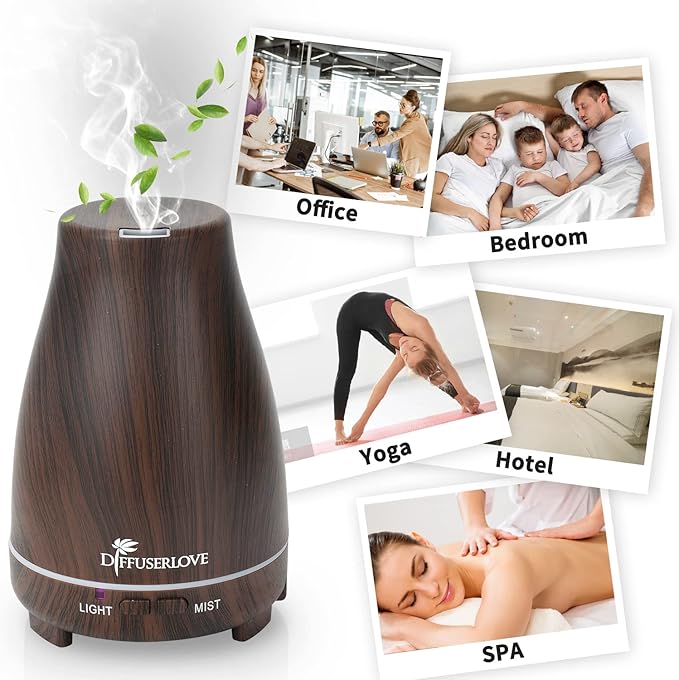 Diffuserlove Essential Oil Diffusers 200ML, Remote Control Aromatherapy Diffuser with 7 Color Lights, Auto Shut-Off for Bedroom Office Kitchen (Black Wood Grain)-Ruum Studio Home