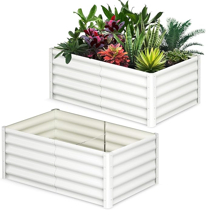 Galvanized Raised Garden Bed Outdoor, 2 Pcs 6x3x1.5FT Outdoor Large Planter Raised Beds Open Base with Safety Edge and Glove for Vegetables Flowers Ground Planter, White-Ruum Studio Home