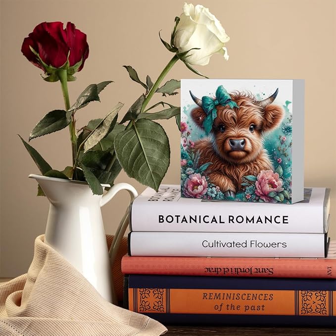 Highland Cow Decor, Highland Cow Gifts for women, Highland Cow Baby Decor, Cow With Pink Bow, Highland Cow Nursery Decor, Wooden Box Decor Sign for Home Farmhouse Office Living Room Table Shelf-Ruum Studio Home