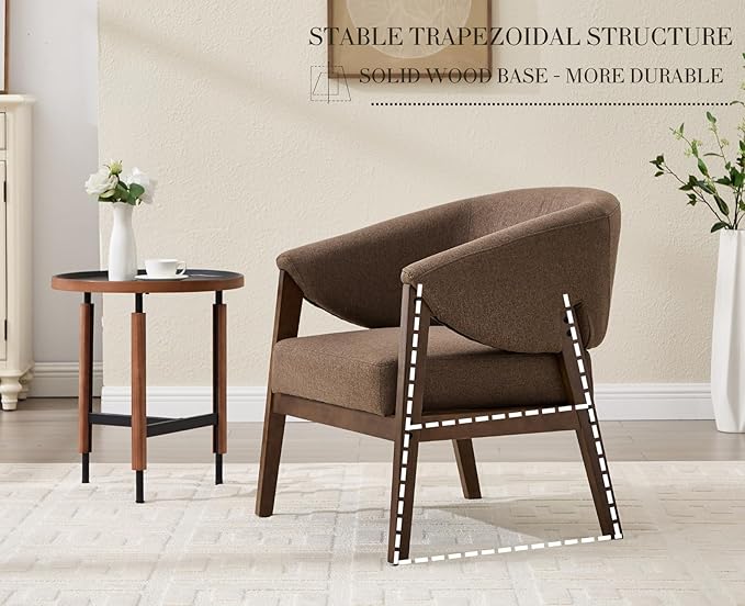 Mid-Century Modern Accent Chairs Set of 2, Comfy Barrel Armchairs with Wide Seat, Upholstered Lounge Chairs with Walnut Wood Legs for Living Room/Bedroom/Reading Corner, Linen Fabric, Brown-Ruum Studio Home