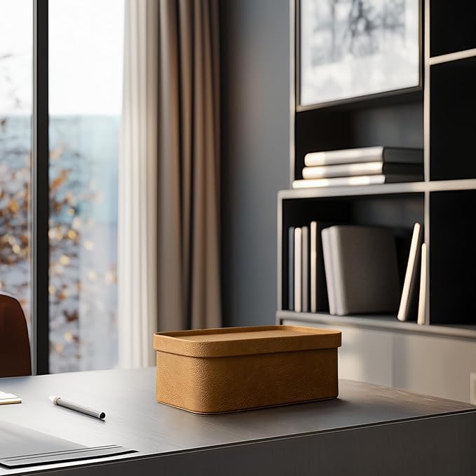 La Jolie Maison Vegan Leather Storage Boxes with Lids, Set of 3 Decorative Storage Containers Organize Stackable Storage Box, Camel-Ruum Studio Home