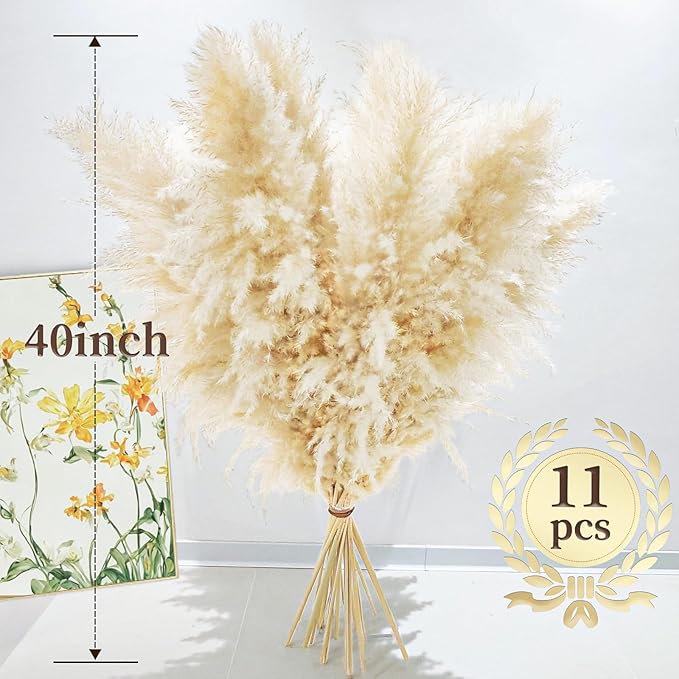 40" 11 PCS Dried Pampas Grass Decor Tall,Large Natural Beige pompas Grass,Tall Pampas Grass for Floor Vase,Wedding,Party,Farmhouse,Boho Home Decor,and Creating a Bohemian Ambiance-Ruum Studio Home