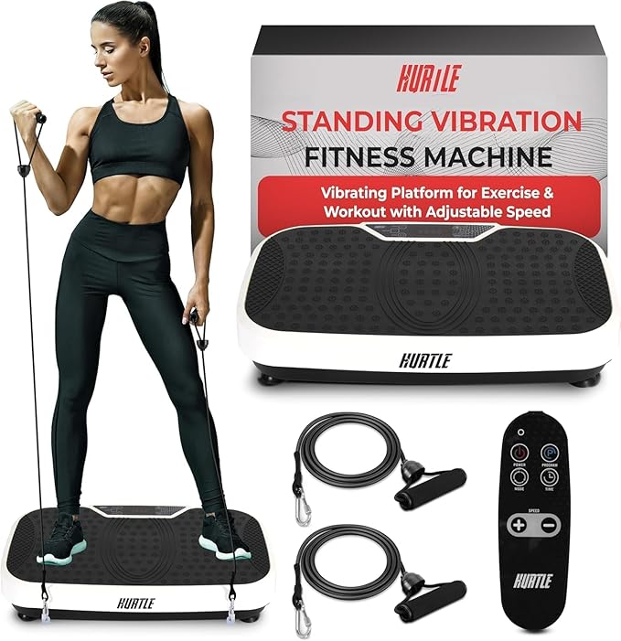 Hurtle Fitness Vibration Platform Machine - Home Gym Whole Body Shaker Exercise Machine Workout Trainer Fast Weight Loss w/Resistance Bands Easy Carry Wheel Remote Adjustable Speed-Ruum Studio Home