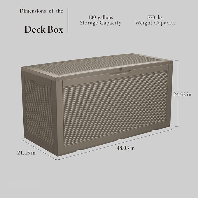 100 Gallon Resin Deck Box, Waterproof Outdoor Storage Bin for Patio Furniture, Pool Accessories, and Garden Tools, Lockable & UV-Resistant, Grey-Ruum Studio Home