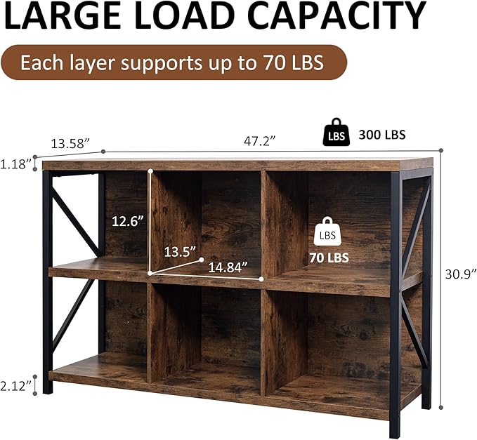 6 Cube Storage Organizer Bookshelf, Industrial Horizontal Bookcase, Accent Cubby Shelf, Media Console Table for Living Room, Home Office, 47.2 Inches, Rustic Brown-Ruum Studio Home