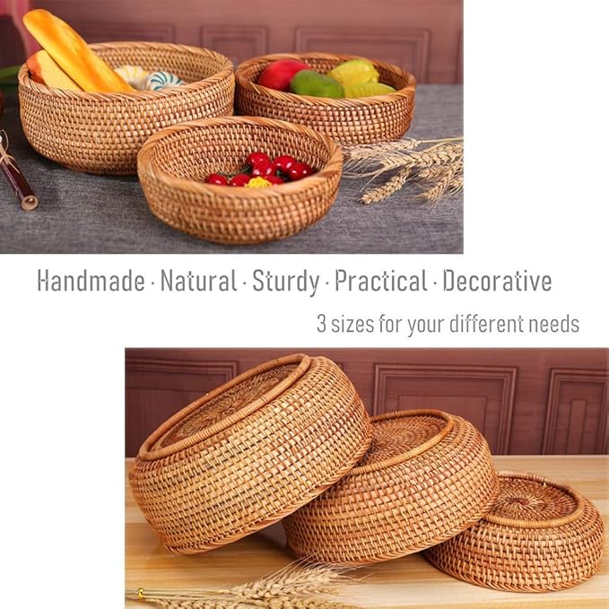 3 Pack Hadewoven Round Rattan Fruit Basket Wicker Food Tray Weaving Storage Holder Dinning Room Bowl, 10 Inch Small Wicker Basket Serving Tray Woven Basket for Bread,Snack,Brown(3-Size Kit)-Ruum Studio Home
