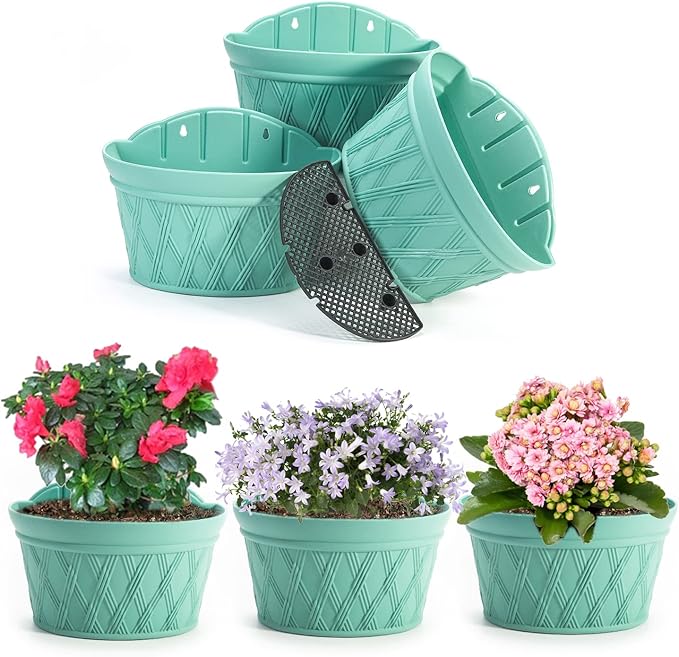 Sungmor Wall Hanging Planters,11.5 Inch Hanging Flower Pots for Railing Fence - Indoor Outdoor Balcony Wall Planter Hanging Basket, Plastic Pot Plant Container - Half Round & 3PC Pack & Green-Ruum Studio Home