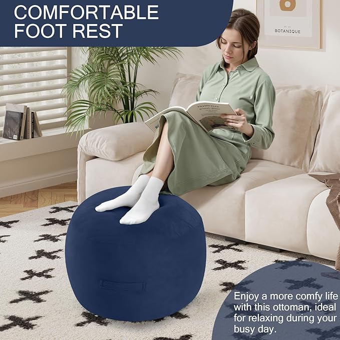 MeMoreCool Round Stuffed Pouf Ottoman Foot Rest, Floor Pouf Foot Stool with Soft Foam Chunk Filling, Small Round Ottoman Footstool Circle Footrest for Living Room, Navy-Ruum Studio Home