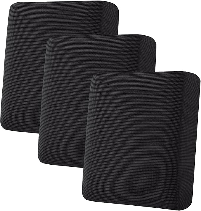 H.VERSAILTEX Super Stretch Individual Seat Cushion Covers Sofa Couch Slipcover Sets Thick Jacquard Textured Twill Fabric (3 Piece Covers, Black)-Ruum Studio Home