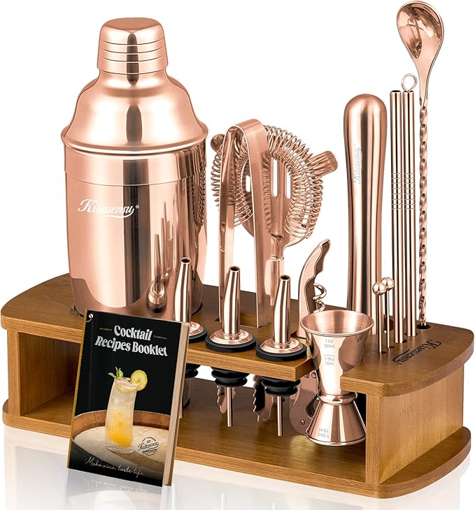 KITESSENSU Cocktail Shaker Set Bartender Kit with Stand - Drink Mixer Bar Set with All Essential Bar Accessory Tools - Martini Shaker Jigger Strainer Mixer Spoon Muddler Liquor Pourers - Rose Gold-Ruum Studio Home