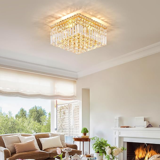4-Light Gold Crystal Chandeliers Flush Mount Chandelier Light Fixture with K9 Crystals Modern Ceiling Lights Elegant Square Lamp for Bedroom,Hallway,Bar,Living Room,Dining Room,H5.9 xW13.7-Ruum Studio Home