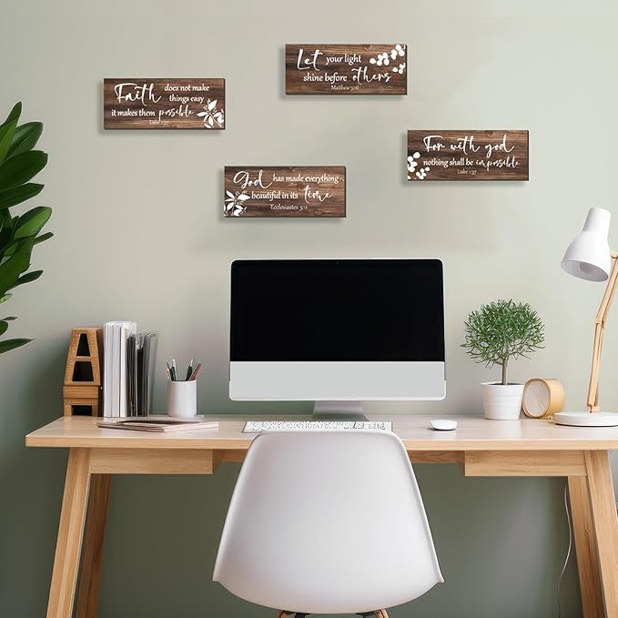 FENCORDAR 4 Pieces Brown Wall Decor Bible Verses Bathroom Decor Wooden Farmhouse Office Christian Wall Art Religious Art for Women Office Home Bedroom Living Room Decor(Brown 10x4)-Ruum Studio Home