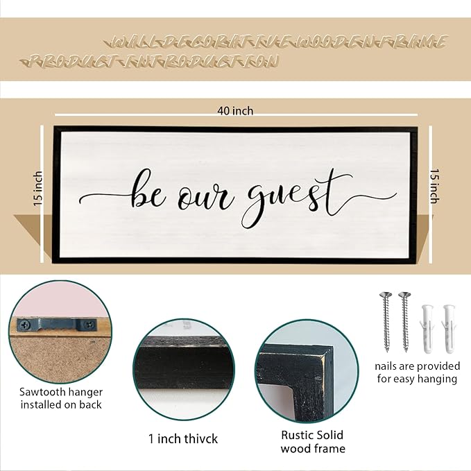 comurdyo Be Our Guest Wall Decor Sign 40”X15” Large Master Bedroom Above Bed Wall Decor Wood Framed Guest Room Sign Simple Rustic Farmhouse Over Bed Bedside Wall Art (Black)-Ruum Studio Home