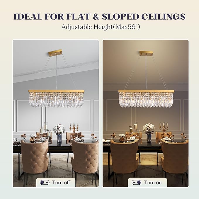 Modern Gold Crystal Chandelier,Rectangular K9 Crystal Raindrop Light Fixture,6 Light Rectangle Chandeliers for Dining Room Living Room Kitchen Island L31.5''xW10''xH10''-Ruum Studio Home