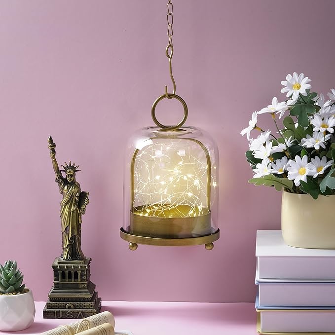 5"x7.5" Versatile Modern Metal Hurricane Lantern with Handmade Sturdy Glass Dome for 3" Pillar Candle & Plants (Brass, 5"x7.5" for 3" Pillar)-Ruum Studio Home