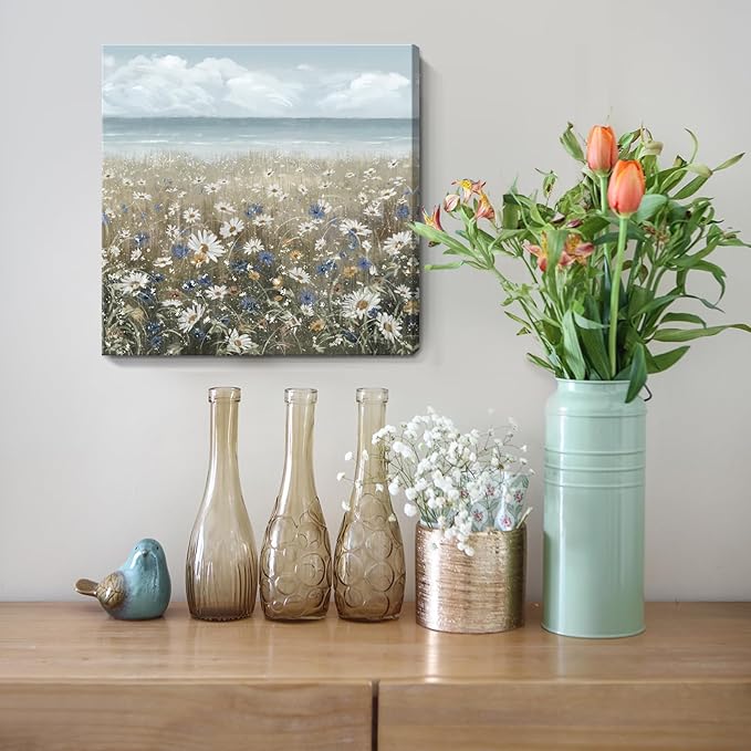 Canvas Wall Art Beach Floral Wall Picture Coastal Boho Farmhouse Daisy Flowers Nautical Sea Ocean Wildflowers Canvas Print Vintage Artwork for Small Rustic Bathroom Bedroom Living Room Office Décor-Ruum Studio Home