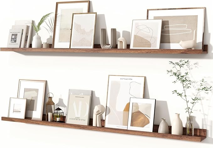 Fun Memories Picture Ledge Shelves Set of 2, 55 Inch Rustic Wall Mounted Floating Shelves with Lip for Home Storage and Décor in Bathroom, Kitchen, Nursery, Bedroom, Living Room, Walnut-Ruum Studio Home