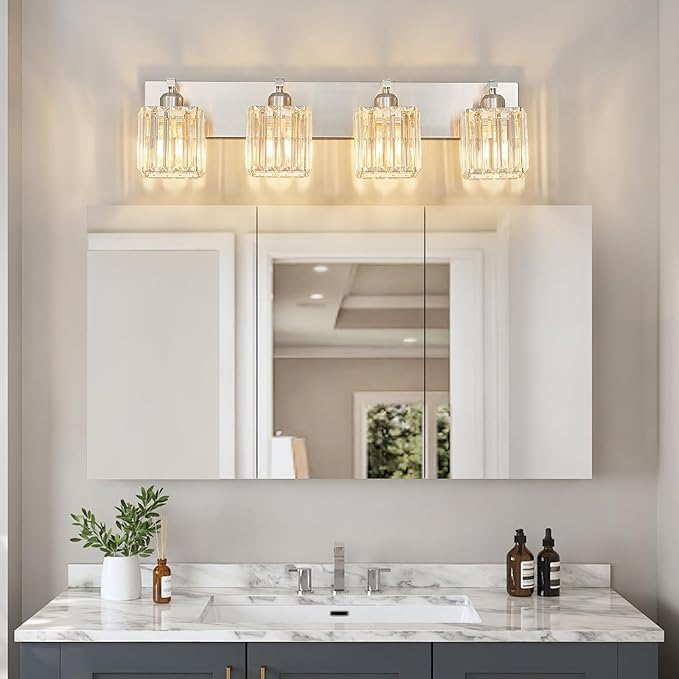 Modern Vanity Light 4-Lights Brushed Nickel Vanity Light Crystal Bathroom Wall Light Bathroom Light Fixtures-Ruum Studio Home