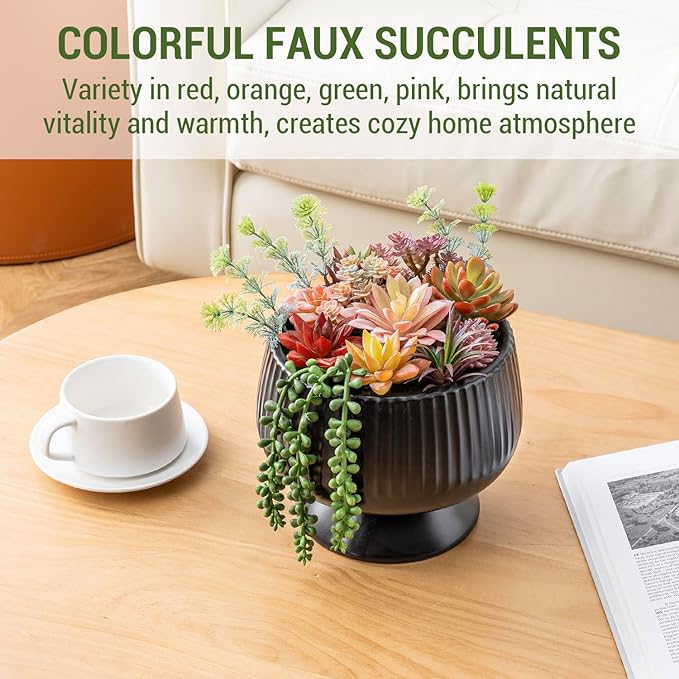 MyGift 10 Inch Modern Artificial Succulent Arrangement Potted in Matte Black Ribbed Ceramic Round Planter, Decorative Plant Pot with Assorted Faux Mini Succulents-Ruum Studio Home
