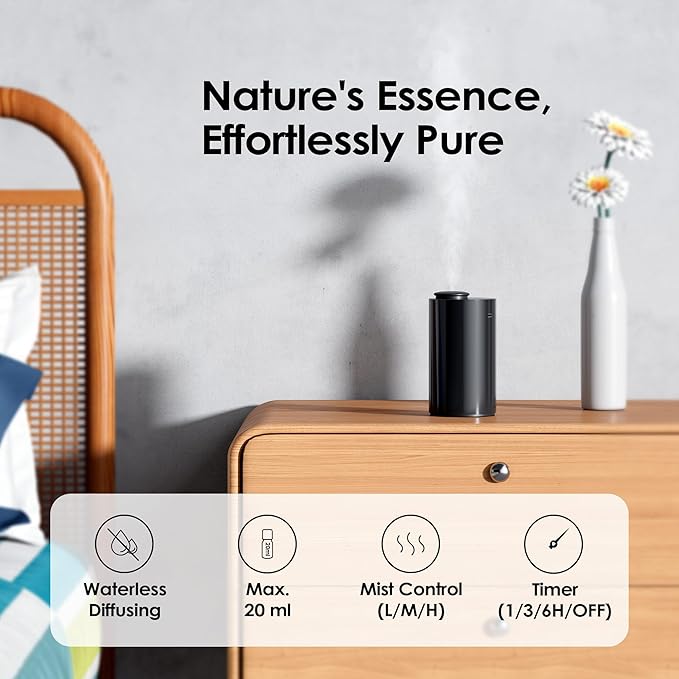 Waterless Diffuser for Essential Oil, Battery Operated Nebulizer, 0.7 Fl.Oz./ 20mL Capacity, Mini Scent Air Machine, 3 Countdown Timers & 3 Mist Levels for Home, Room, Car, Office - AN6 Black-Ruum Studio Home