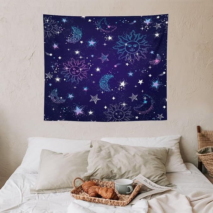 HZOHNAGO Boho Sun Moon Tapestry Purple Blue Sun Stars Galaxy Pattern Printed Wall Tapestry Wall Hanging for Bedroom Living Room Dorm 60" W x 50" H-Ruum Studio Home