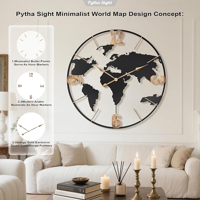36 Inch Oversized Giant Extra Large Modern Decorative Metal World Map Wall Clock,Big Vintage Gold Arabic Numeral Wall Clocks for Living Room,Entryway,Office,Fireplace,Dining Room-Ruum Studio Home