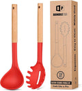 Silicone Pasta Fork and Ladle Spoon Set with Wooden Handle, Heat Resistant Non Stick Kitchen Utensils for Cooking, Stirring, Serving Spaghetti, Soup, Sauce(RED)-Ruum Studio Home