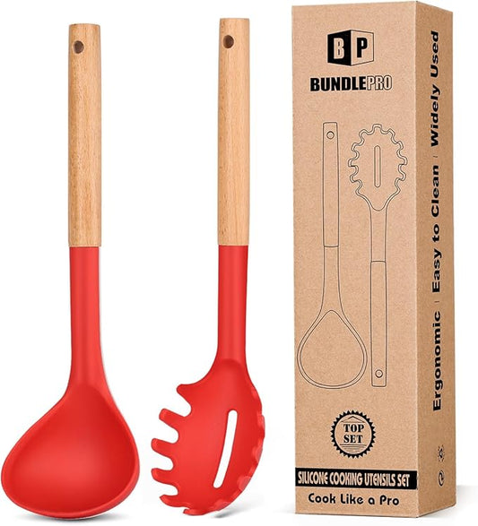 Silicone Pasta Fork and Ladle Spoon Set with Wooden Handle, Heat Resistant Non Stick Kitchen Utensils for Cooking, Stirring, Serving Spaghetti, Soup, Sauce(RED)-Ruum Studio Home