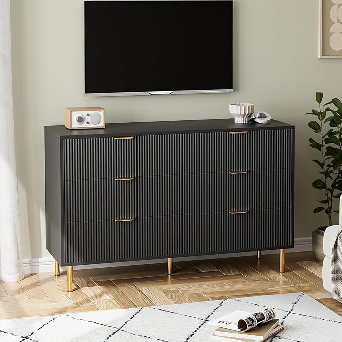 GAOMON 6 Drawer Dresser, Wood Chest of Drawers Organizer Storage with Gold Handle, Large Storage Cabinet, Modern Design Dresser for Bedroom, Living Room, Closet, Hallway, Entryway, Black-Ruum Studio Home
