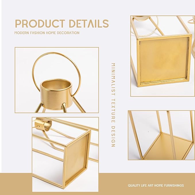 HPC Decor Modern Farmhouse Lantern Decor- Gold Metal Candle Lanterns for Christmas- Lanterns Decorative w/Timer Flickering Candles for Living Room, Home, Indoor, Outdoor, Table,Fireplace Mantle Decor-Ruum Studio Home