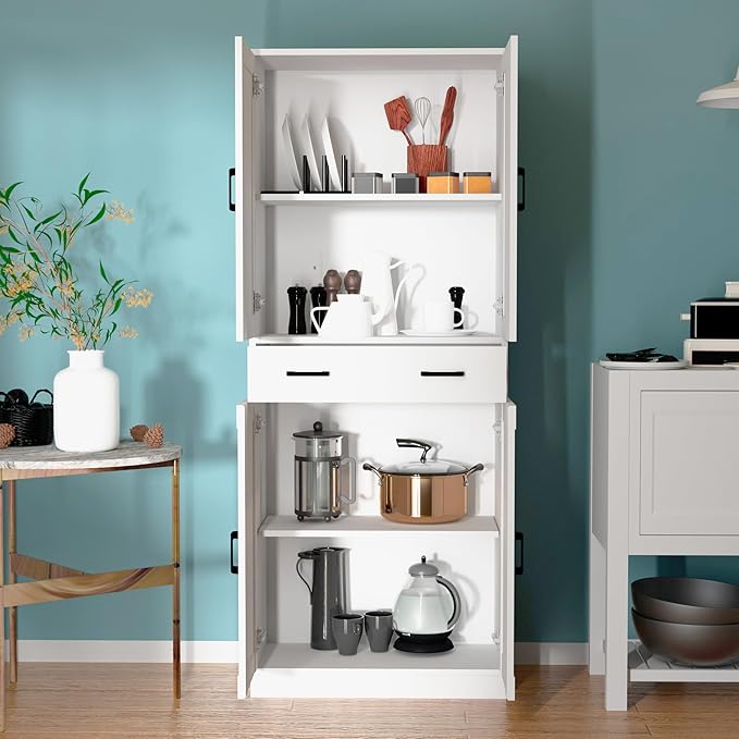 White Kitchen Pantry, 71" Tall Storage Cabinet with Doors and Drawer for Kitchen, Hallway, Office-Ruum Studio Home