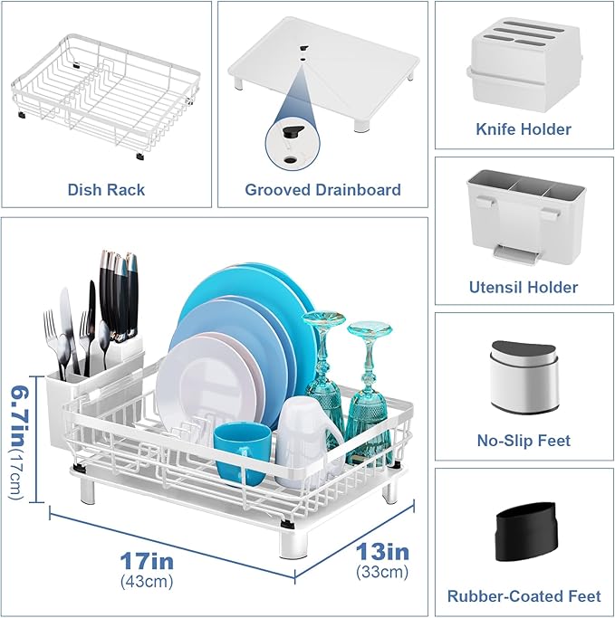 MOUKABAL Dish Drying Rack, Dish Rack, Large Dish Racks for Kitchen Counter, Drying Rack Kitchen with Removable Utensil Holder, Drainboard 16.9" x 12.9" x 5.9"(White)-Ruum Studio Home