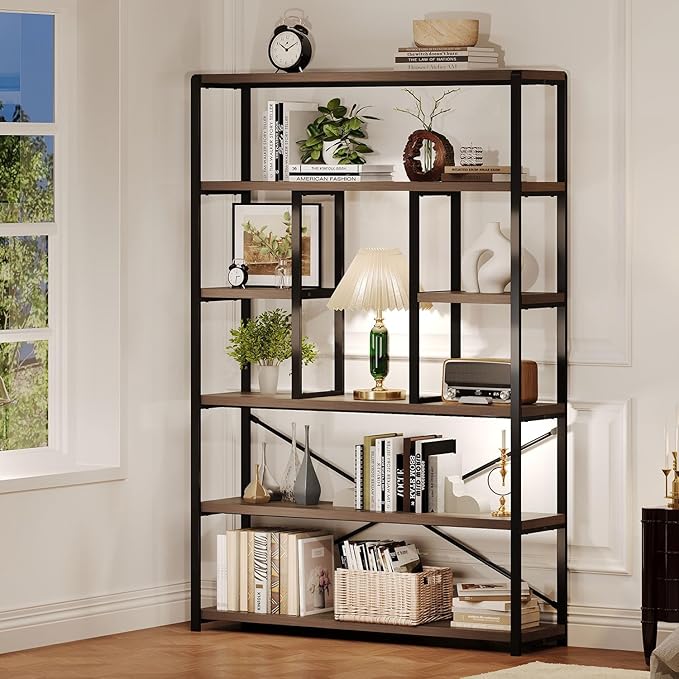 LVB Tall Industrial Etagere Bookcase, Modern Wood Large Open 6 Tier Bookshelf, Vintage Wide Metal Book Shelf Organizer, Farmhouse Book Shelves for Bedroom Living Room Home Office Storage, Rustic Oak-Ruum Studio Home