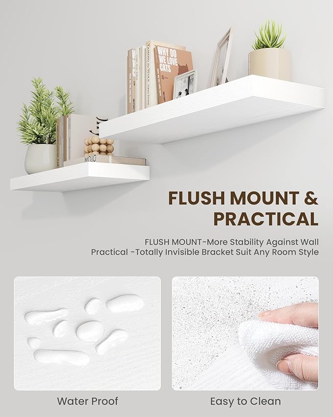 Marsmiles 30" Floating Shelves for Wall, Wooden Shelves with Invisible Brackets Set of 2, Rustic Farmhouse Wall Mounted Shelf for Kitchen Bathroom Living Room Study, White-Ruum Studio Home