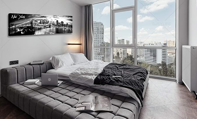 DJSYLIFE New York Skyline Wall Art - Brooklyn Bridge Night View - Black and White Nyc City Pictures Scape Artwork Painting Decoration for Bedroom or Office, Ready to Hang 13.8"x47.3"-New York1-Ruum Studio Home