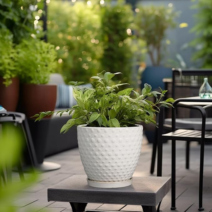 G EPGardening 8 Inch Plant Pot for Indoor Outdoor Plants Round Ceramic Planter Pot with Drainage Hole and Saucer Modern Large Flower Pot White-Ruum Studio Home