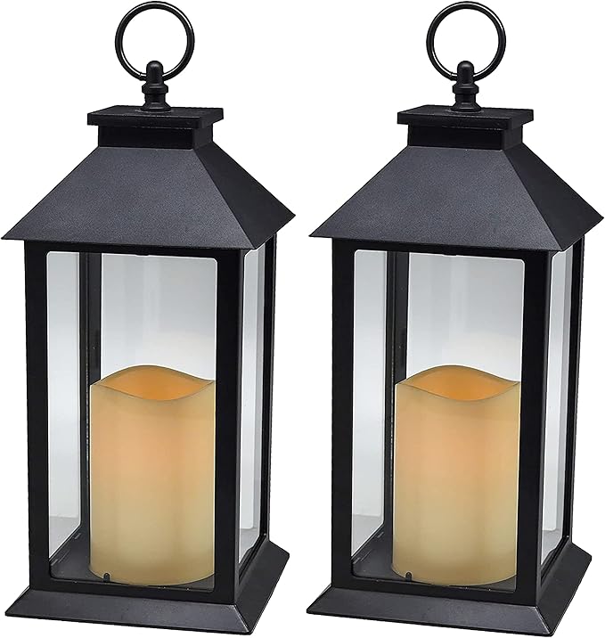 YAKii Hanging Glass Panes Lantern Portable Led Candle Light Operated by 3AAA Battery Use for Garden Yard, Indoor & Christmas Day Decoration etc (Black 2PCS)-Ruum Studio Home