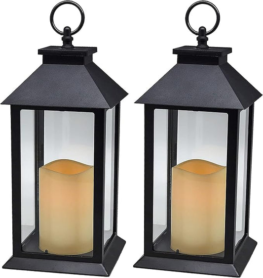 YAKii Hanging Glass Panes Lantern Portable Led Candle Light Operated by 3AAA Battery Use for Garden Yard, Indoor & Christmas Day Decoration etc (Black 2PCS)-Ruum Studio Home
