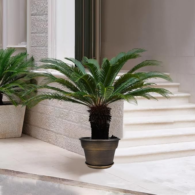 Plant Planters Pots Set of 4 Pack 13 Inch，Large Plastic Flower Pot for Indoor Plants with Drainage Holes & Trays, Resin Decorative Container Sets with Saucer for House Outdoor Garden Plant Dark Gold-Ruum Studio Home